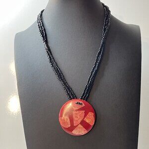 Spiny Oyster Black Onyx Inlaid Pendant Multi Strand Necklace Vintage Round AL4.5